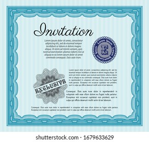Light blue Retro invitation. Money design. With great quality guilloche pattern. Vector illustration. 