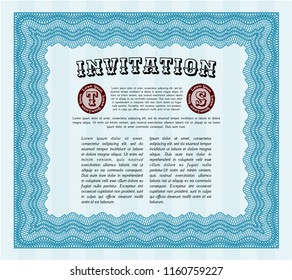 Light blue Retro invitation. Nice design. With guilloche pattern. Detailed. 