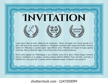 Light blue Retro invitation. Nice design. With great quality guilloche pattern. Vector illustration. 