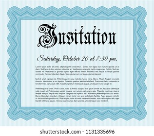 Light blue Retro invitation. Perfect design. With guilloche pattern. Detailed. 