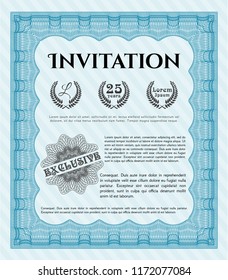 Light blue Retro invitation. Perfect design. With guilloche pattern and background. Detailed. 