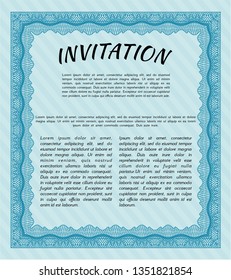 Light blue Retro invitation. Sophisticated design. With guilloche pattern and background. Detailed. 