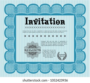 Light blue Retro invitation template. Elegant design. Detailed. With guilloche pattern. 