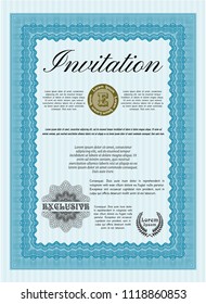 Light blue Retro invitation template. Artistry design. With great quality guilloche pattern. Vector illustration. 