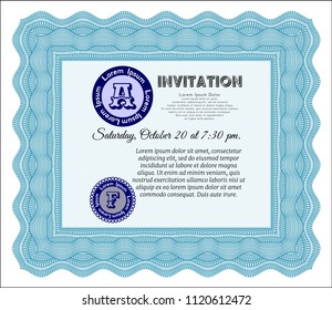 Light blue Retro invitation template. Customizable, Easy to edit and change colors. With great quality guilloche pattern. Money style design. 