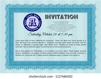 Light blue Retro invitation template. Customizable, Easy to edit and change colors. With guilloche pattern. Superior design. 