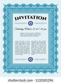 Light blue Retro invitation template. Customizable, Easy to edit and change colors. With guilloche pattern. Money style design. 