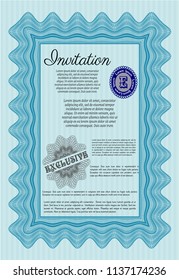 Light blue Retro invitation template. With guilloche pattern and background. Money design. Customizable, Easy to edit and change colors. 