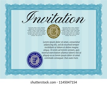 Light blue Retro invitation template. Superior design. Detailed. With linear background. 