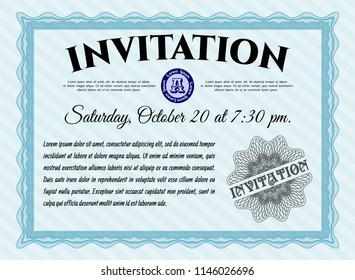 Light blue Retro invitation template. Lovely design. Customizable, Easy to edit and change colors. With great quality guilloche pattern. 