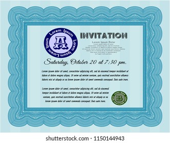 Light blue Retro invitation template. Customizable, Easy to edit and change colors. With great quality guilloche pattern. Good design. 