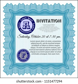 Light blue Retro invitation template. Money style design. Detailed. With guilloche pattern and background. 