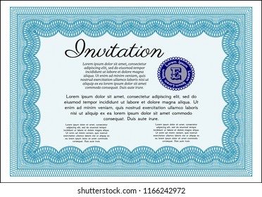 Light blue Retro invitation template. Excellent design. Vector illustration. With great quality guilloche pattern. 