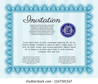 Light blue Retro invitation template. Detailed. With linear background. Modern design. 
