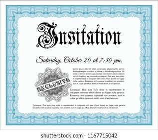 Light blue Retro invitation template. With complex background. Sophisticated design. Detailed. 