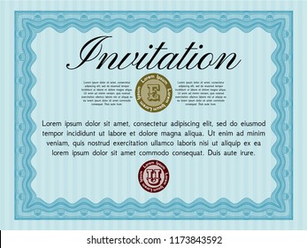 Light blue Retro invitation template. With guilloche pattern and background. Vector illustration. Cordial design. 