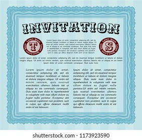 Light blue Retro invitation template. With great quality guilloche pattern. Money style design. Detailed. 