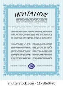 Light blue Retro invitation template. Easy to print. Money Pattern. Detailed. 