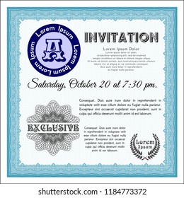 Light blue Retro invitation template. With complex linear background. Elegant design. Detailed. 