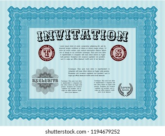 Light blue Retro invitation template. With guilloche pattern. Detailed. Superior design. 