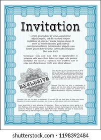 Light blue Retro invitation template. Printer friendly. Modern design. Detailed. 