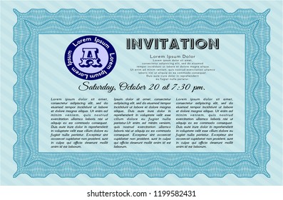 Light blue Retro invitation template. Detailed. With complex linear background. Beauty design. 