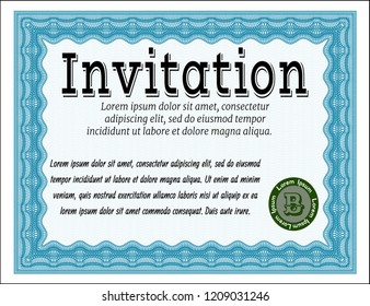 Light blue Retro invitation template. Printer friendly. Customizable, Easy to edit and change colors. Modern design. 