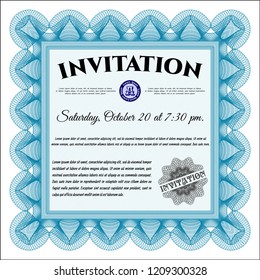 Light blue Retro invitation template. Vector illustration. With guilloche pattern. Money design. 