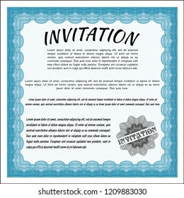 Light blue Retro invitation template. With guilloche pattern and background. Vector illustration. Nice design. 