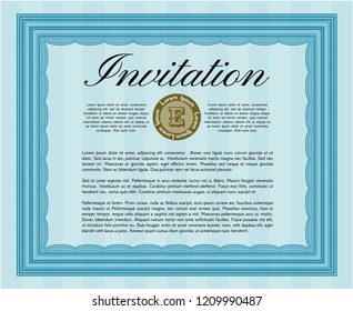 Light blue Retro invitation template. Perfect design. With guilloche pattern and background. Vector illustration. 