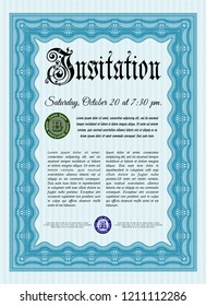 Light blue Retro invitation template. Retro design. Customizable, Easy to edit and change colors. With complex linear background. 
