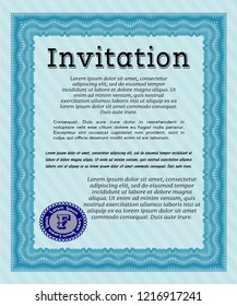 Light blue Retro invitation template. With great quality guilloche pattern. Money Pattern. Customizable, Easy to edit and change colors. 