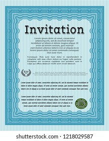 Light blue Retro invitation template. Superior design. With guilloche pattern. Vector illustration. 