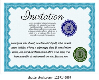 Light blue Retro invitation template. With great quality guilloche pattern. Customizable, Easy to edit and change colors. Perfect design. 