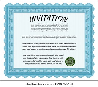 Light blue Retro invitation template. Money design. Detailed. With guilloche pattern and background. 