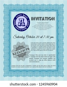 Light blue Retro invitation template. Retro design. Customizable, Easy to edit and change colors. With great quality guilloche pattern. 