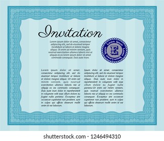 Light blue Retro invitation template. Elegant design. Customizable, Easy to edit and change colors. With guilloche pattern and background. 