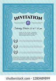 Light blue Retro invitation template. Perfect design. Customizable, Easy to edit and change colors. With guilloche pattern and background. 