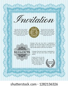 Light blue Retro invitation template. Detailed. With guilloche pattern. Money Pattern. 