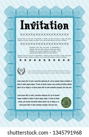 Light blue Retro invitation template. Modern design. Vector illustration. With guilloche pattern and background. 