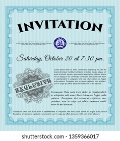 Light blue Retro invitation template. Detailed. With guilloche pattern. Beauty design. 