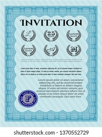 Light blue Retro invitation template. With background. Lovely design. Detailed. 