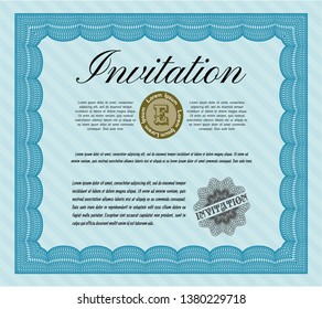 Light blue Retro invitation template. With great quality guilloche pattern. Money Pattern. Customizable, Easy to edit and change colors. 