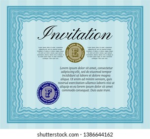 Light blue Retro invitation template. With guilloche pattern. Money design. Detailed. 