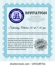 Light blue Retro invitation template. Elegant design. Vector illustration. With guilloche pattern. 