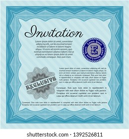 Light blue Retro invitation template. With guilloche pattern. Customizable, Easy to edit and change colors. Sophisticated design. 