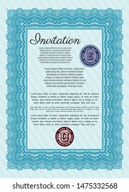 Light blue Retro invitation template. With guilloche pattern and background. Detailed. Money style design. 