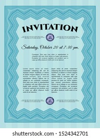 Light blue Retro invitation template. Superior design. With great quality guilloche pattern. Detailed. 