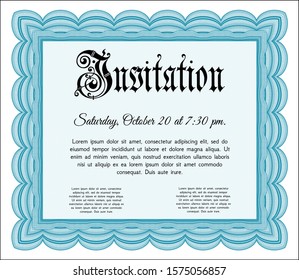 Light blue Retro invitation template. Money design. Detailed. With great quality guilloche pattern. 