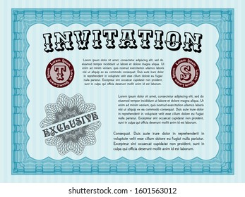 Light blue Retro invitation template. Beauty design. Vector illustration. With guilloche pattern and background. 
